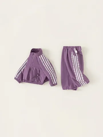Meisjes Casual Sportief Kant Streep Trainingspak Tweeledig Set Opstaande Kraag Rits Jas Elastische Broek Lente Herfst Kinderkleding