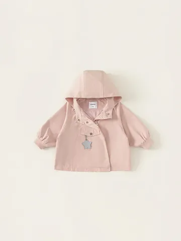 Baby Meisjes Roze Windjack met Capuchon Casual Herfst Lange Mouwen Rits Jas met Ster Accessoire Polyester Bovenkleding