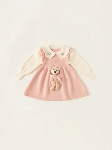 Robe en Maille pour Petites Filles Avec Ours en Peluche 3D Col Claudine Manches Longues Robe Pull Trapèze pour Enfants