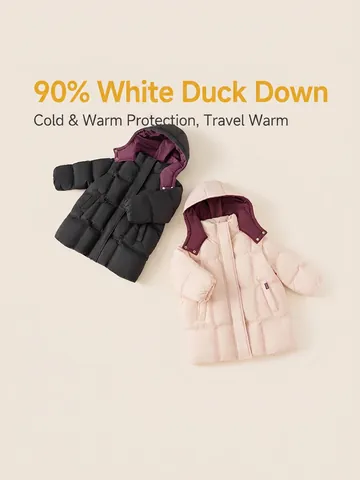 Piumino con Cappuccio per Bambini Cappotto Lungo Invernale Ragazzi Ragazze Imbottitura in Piumino d'Anatra Bianco Antivento Trapuntato