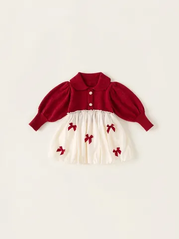 Robe Patchwork en Tricot à Manches Longues pour Filles Rouge Abricot Nœud Robe de Princesse Avec Boutons en Perle Artificielle pour Printemps Automne