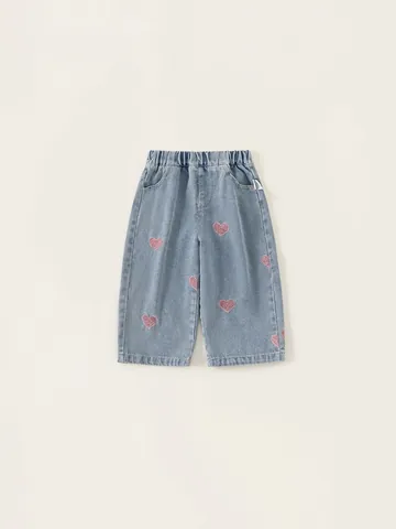 Girls Casual Heart Pattern Denim Jeans Comfortable Elastic Waist Wide Leg Straight Pants For Spring Everyday Wear