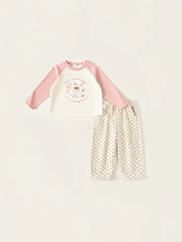 Kinder Mädchen Lässige Kleidung Raglan Langarm Cartoon Druck Top Und Punktiert Hose Weiche Baumwolle Frühling Herbst Outfit