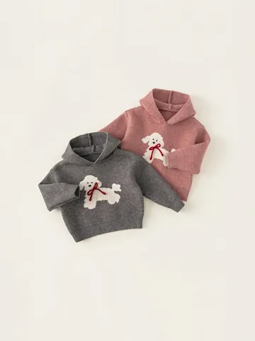 Girls Hooded Puppy Knit Sweater Warm Acrylic Long Sleeve Pullover With 3D Bow Kids Autumn Winter Cartoon Crochet Top