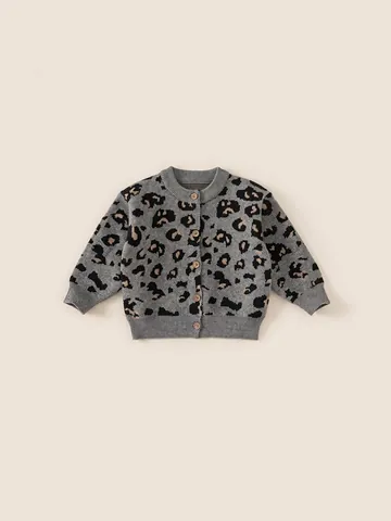 Gilet en Tricot à Imprimé Léopard pour Enfants Gris Pull à Manches Longues avec Boutons et Col Rond pour Garçons Filles Automne Hiver