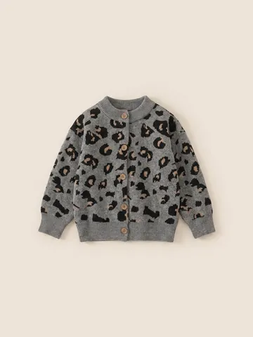 Gilet en Tricot à Imprimé Léopard pour Enfants Gris Pull à Manches Longues avec Boutons et Col Rond pour Garçons Filles Automne Hiver