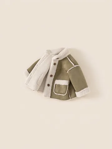 Veste en Daim Doublée de Sherpa Chaude pour Enfants Garçons et Filles Manteau en Polaire Boutonné Motif Bloc de Couleur