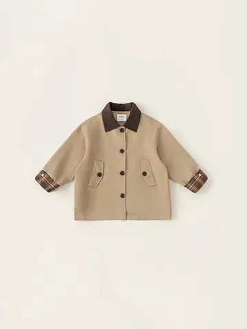 Giacca a Vento Khaki Stile Workwear Vintage per Bambini Con Colletto in Velluto a Coste Fodera a Quadri Monopetto Cappotto Casual Ragazzi Ragazze