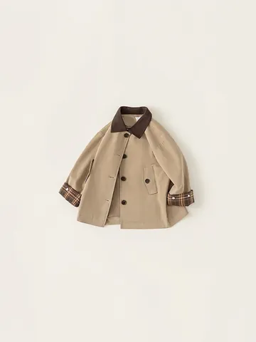 Giacca a Vento Khaki Stile Workwear Vintage per Bambini Con Colletto in Velluto a Coste Fodera a Quadri Monopetto Cappotto Casual Ragazzi Ragazze