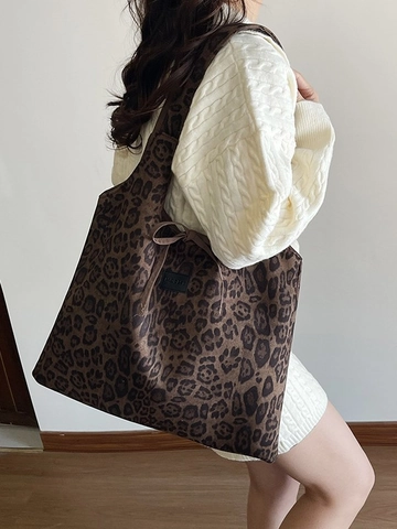 Women Large Suede Leopard Print Tote Bag Reversible Lazy Style Shoulder Bag With Bow Decoration Casual Fashion Shopping Bag