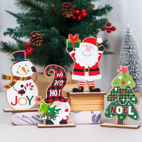 Décorations de Table en Bois de Noël Dessin Animé Père Noël Bonhomme de Neige Gnome Sapin Imprimé Décor pour Maison Vacances