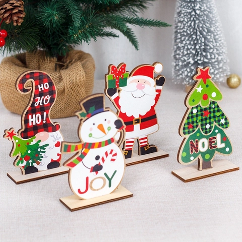 Décorations de Table en Bois de Noël Dessin Animé Père Noël Bonhomme de Neige Gnome Sapin Imprimé Décor pour Maison Vacances