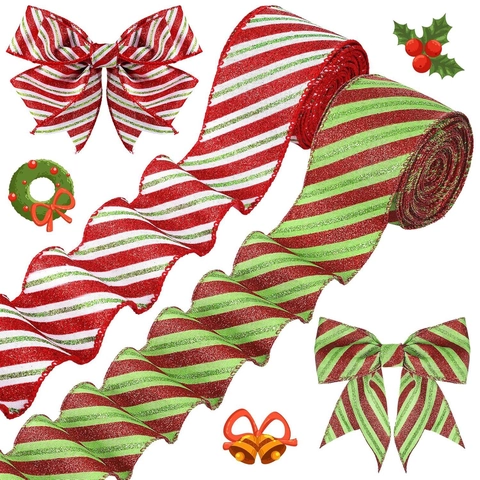 Kerst Glitter Gestreepte Lint Met Draadrand Polyester Decoratief Lint Voor DIY Strikken Maken Vakantie Feest Cadeauverpakking Decoratie