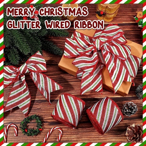 Kerst Glitter Gestreepte Lint Met Draadrand Polyester Decoratief Lint Voor DIY Strikken Maken Vakantie Feest Cadeauverpakking Decoratie