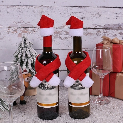 Kit Décoration Housse Bouteille de Vin Noël Créatif Mini Chapeau de Père Noël et Écharpe en Tissu Non Tissé pour Fête