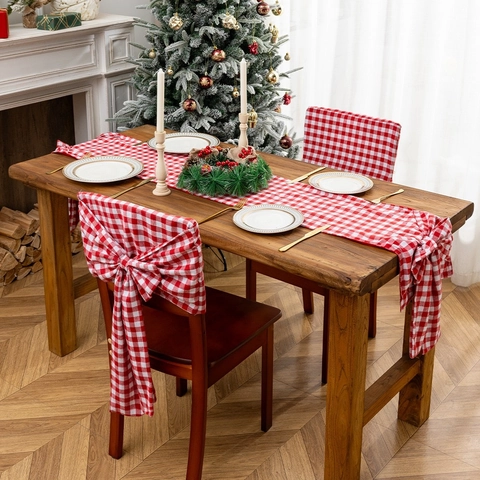 Set Runner da Tavola e Fodera per Sedia di Natale Rosso Nero Buffalo Plaid Motivo a Quadri Tessuto Poliestere Decorazioni