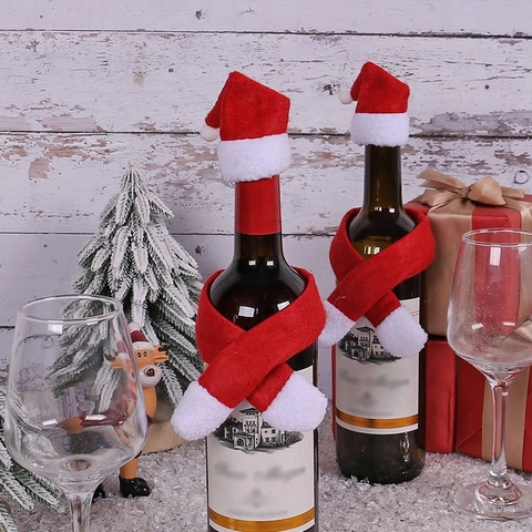 Kit Décoration Housse Bouteille de Vin Noël Créatif Mini Chapeau de Père Noël et Écharpe en Tissu Non Tissé pour Fête