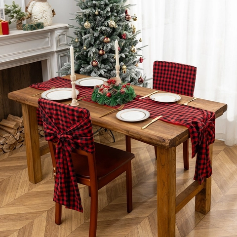 Set Runner da Tavola e Fodera per Sedia di Natale Rosso Nero Buffalo Plaid Motivo a Quadri Tessuto Poliestere Decorazioni