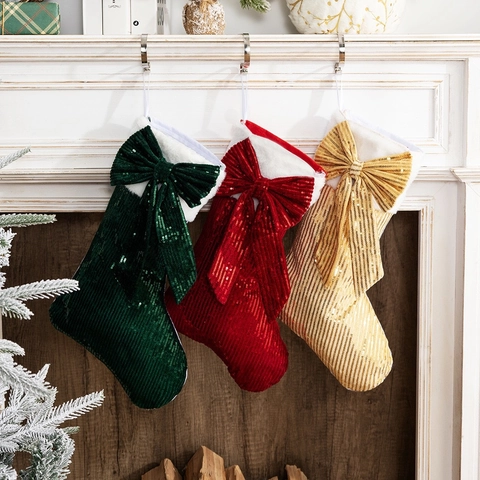 Christmas Sequin Decoration Sock Large Bowknot Fireplace Hanging Pendant For Home Party Mall Atmosphere Layout Xmas Gift Stocking
