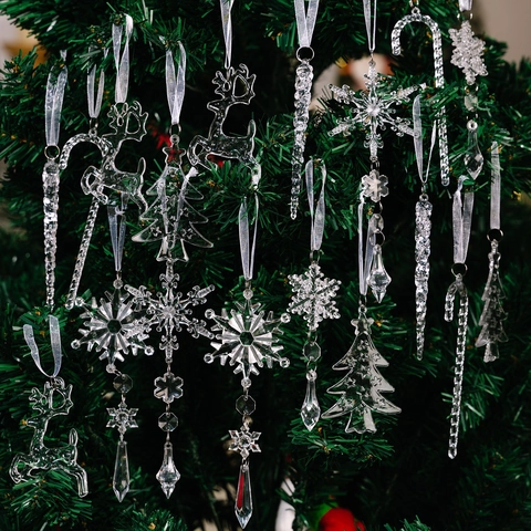 Ornamenti Natalizi Trasparenti in Acrilico Fiocco di Neve Renna Ghiacciolo Decorazioni Sospese per Casa e Festa