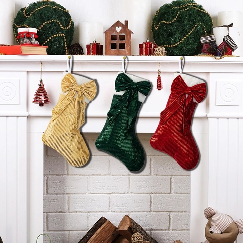 Christmas Sequin Decoration Sock Large Bowknot Fireplace Hanging Pendant For Home Party Mall Atmosphere Layout Xmas Gift Stocking