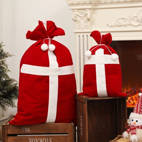 Weihnachtssack Samt Kordelzug Geschenktüte Rot Weiß Kreuz Gürtel Design Feiertag Party Süßigkeiten Beutel Deko