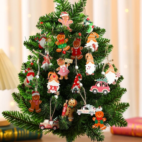 Vintage American Christmas Wooden Hanging Ornament Painted Gingerbread Man Gnome Truck Tree Decorations With Box