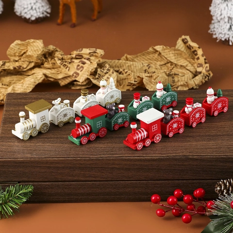 Miniature Train de Noël en Bois Ornement 4 Sections Père Noël Bonhomme de Neige Ours Peint à la Main Décoration de Bureau Cadeau