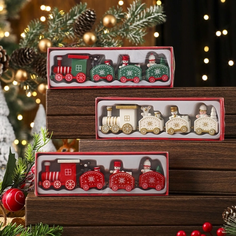 Miniature Train de Noël en Bois Ornement 4 Sections Père Noël Bonhomme de Neige Ours Peint à la Main Décoration de Bureau Cadeau