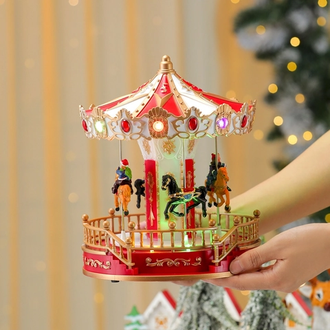 Weihnachten Rotierende Karussell Spieluhr Mit LED-Lichtern Leuchtend Rot Weiß Gold Karussell Desktop Deko Geschenk Für Kinder