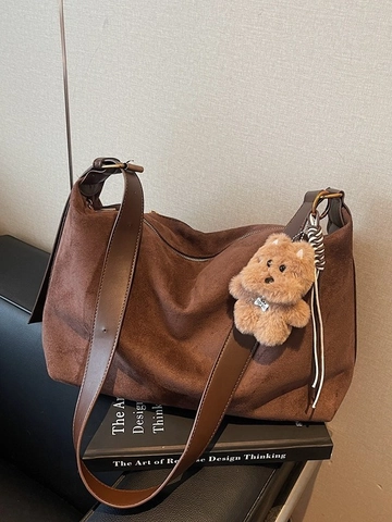 Grand Sac à Épaule en Suédine pour Femmes Vintage Hobo Sac Bandoulière Avec Pendentif Chien en Peluche Sac à Main Dumpling