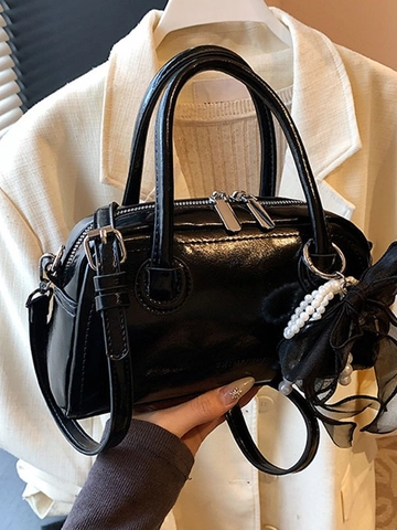 Women Shiny PU Leather Boston Bag Retro Pillow Handbag With Organza Bow Artificial Pearl Pendant Elegant Crossbody Bag