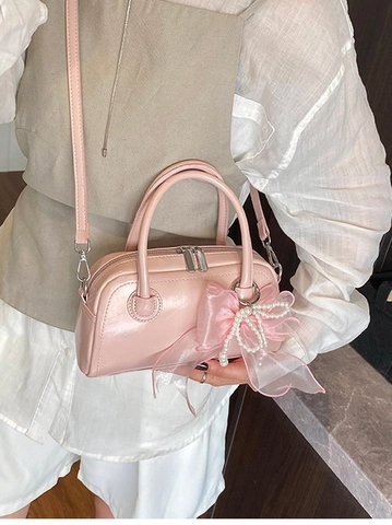Women Shiny PU Leather Boston Bag Retro Pillow Handbag With Organza Bow Artificial Pearl Pendant Elegant Crossbody Bag