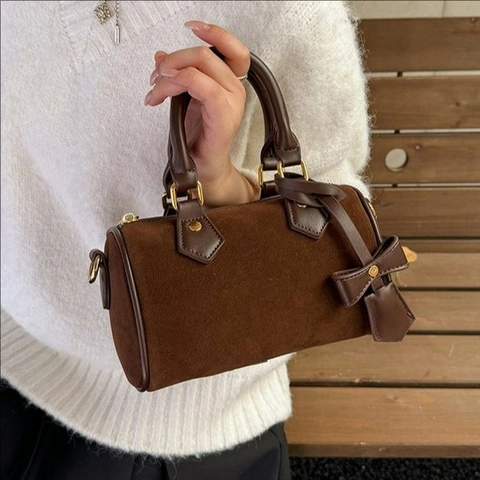 Vintage Suède Textuur Boston Tas Voor Dames Minimalistische Cilinder Schoudertas Retro Strik Handtas Dagelijks Woon-werkverkeer Crossbody Tas
