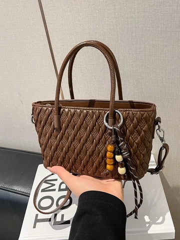 Sac Seau en PU à Motif Tissé Vintage pour Femmes Sac à Bandoulière Décontracté Rétro Avec Décor en Perles de Bois Sac à Main