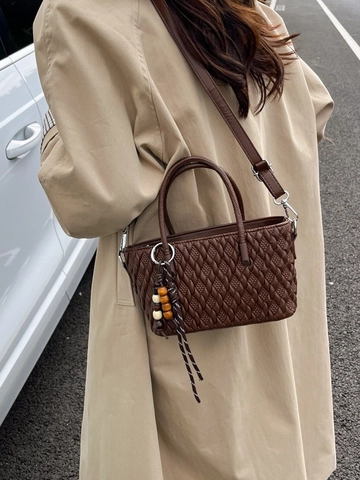 Sac Seau en PU à Motif Tissé Vintage pour Femmes Sac à Bandoulière Décontracté Rétro Avec Décor en Perles de Bois Sac à Main