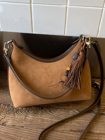 Sac Bandoulière Hobo Vintage en Suédine et Cuir PU pour Femme Grande Capacité avec Franges et Perles Sac à Épaule Chic Style Bohème