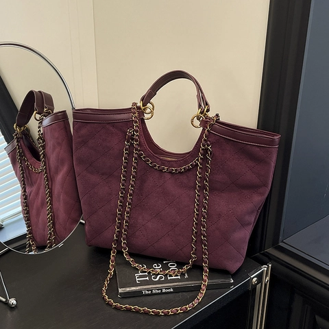 Grand Sac Cabas Matelassé Mat pour Femme Avec Bandoulière Chaîne Vintage Cuir PU Motif de Losange Sac à Épaule