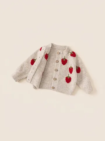Schattig Gebreid Vest voor Baby Meisjes Aardbeien Borduursel V-hals Single Breasted Trui Jas Voor Peuters Kinderen