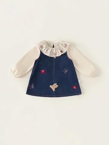 Toddler Girls 2Pcs Clothing Set Cartoon Bear Embroidery Ruffle Blouse And Denim Overall Dress Sweet Korean Style Outfit