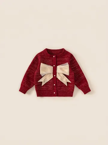 Giacca Cardigan in Maglia con Fiocco per Ragazze Inverno Autunno Manica Lunga Girocollo Bottone di Perle Rosso per Natale Capodanno
