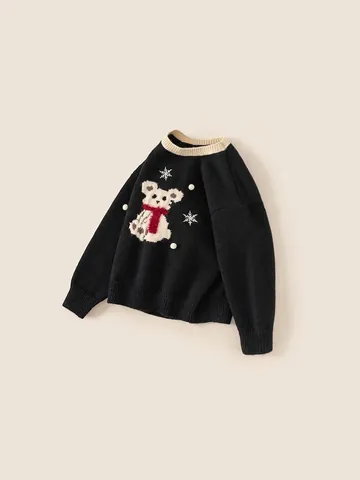 Pull Tricoté Décontracté de Noël pour Filles Motif Ours Polaire Mignon Hiver Chaud Épaissi Col Rond pour Enfants