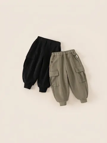 Boys Warm Fleece Lined Cargo Jogger Pants For Kids Winter Autumn Casual Solid Color Elastic Waist Soft Polyester Trousers