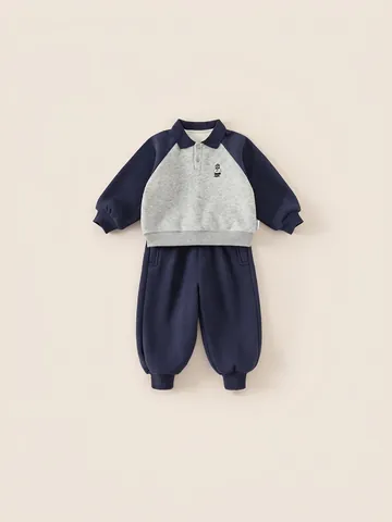 Ensemble Sweat-Shirt Et Pantalon Doublés De Polaire Pour Enfants Broderie Ours Manches Longues Col Polo Tenue Sportive Hiver