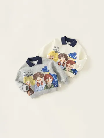 Kids Cartoon Graffiti Printed Polo Collar Sweatshirt Long Sleeve Casual Pullover Top Cotton Blend Boys Girls Sweater