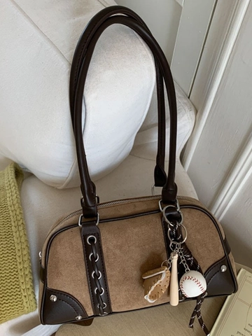 Borsa a Spalla Vintage in Pelle PU Scamosciata Con Ciondolo da Baseball Stampa Leopardata Boston Bag Borsa Sottobraccio Donna