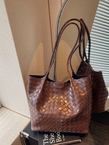 Grand Sac Cabas Tissé pour Femmes en Cuir PU Minimaliste Sac à Épaule Décontracté avec Pochette Intérieure