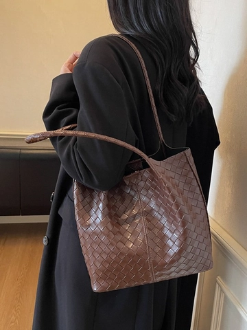Grand Sac Cabas Tissé pour Femmes en Cuir PU Minimaliste Sac à Épaule Décontracté avec Pochette Intérieure