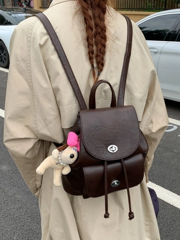 Women Retro PU Leather Backpack Large Capacity School Bag Casual Commuting Backpack With Turn-lock Closure Solid Color Bag