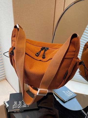 Vintage Corduroy Dumpling Bag For Women Pleated Solid Color Shoulder Bag Daily Casual Large Capacity Half Moon Crossbody Bag